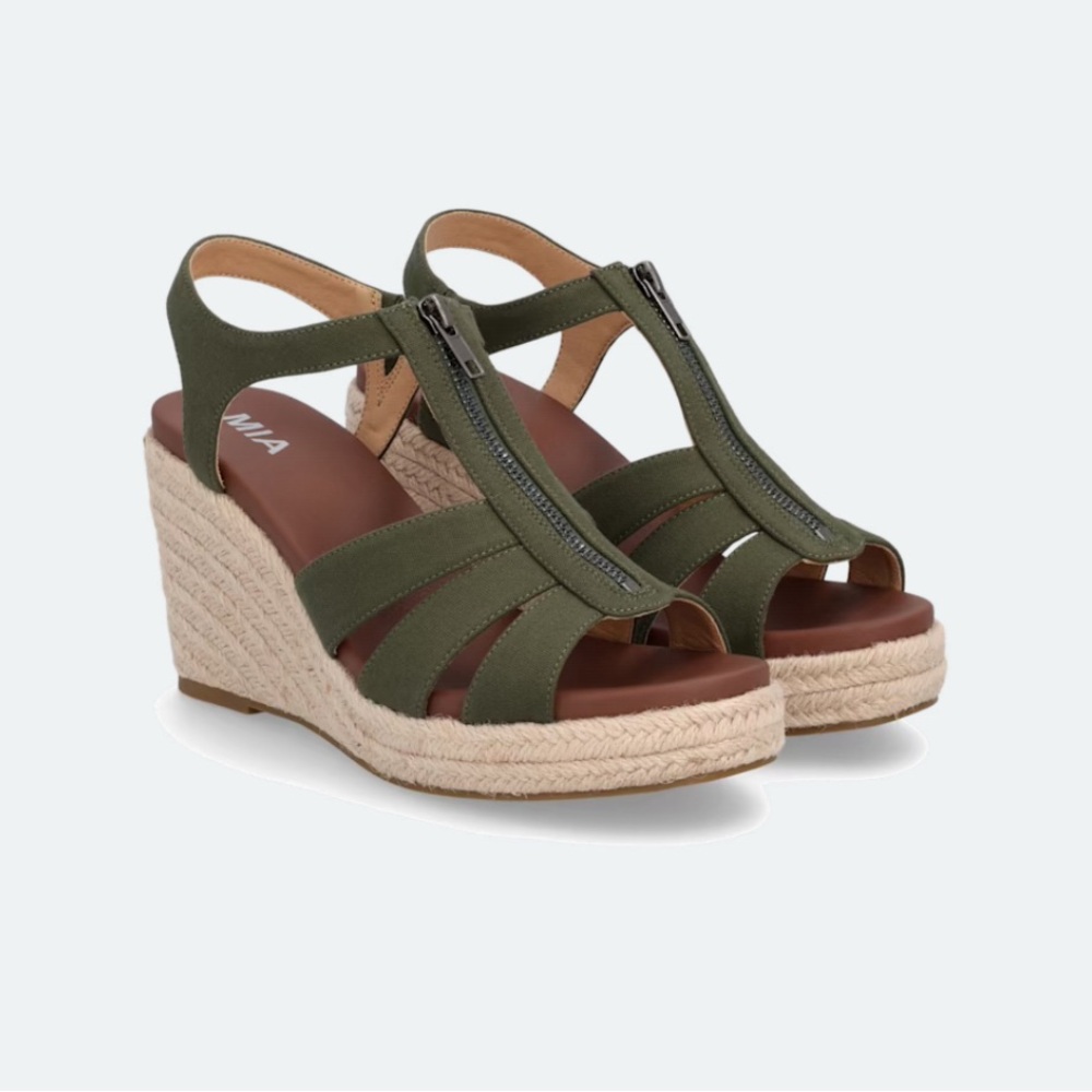 MIA Olive Canvas Espadrille Wedge Sandals with Front Zip